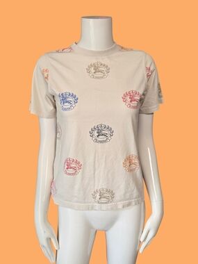 Burberry Cream Short-Sleeve Tee with Multicolor Crest Emblems